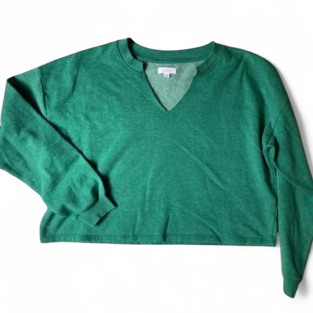 Heather Green Drop-Shoulder V-Cut Crewneck Cropped Sweatshirt